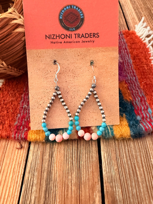 Handcrafted Pink Conch, Turquoise & Sterling Silver Pearl Beaded Dangle Hoop Earrings