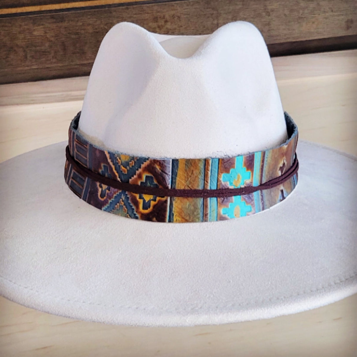 **Wide Genuine Leather Blue Navajo Hat Band Only 954f