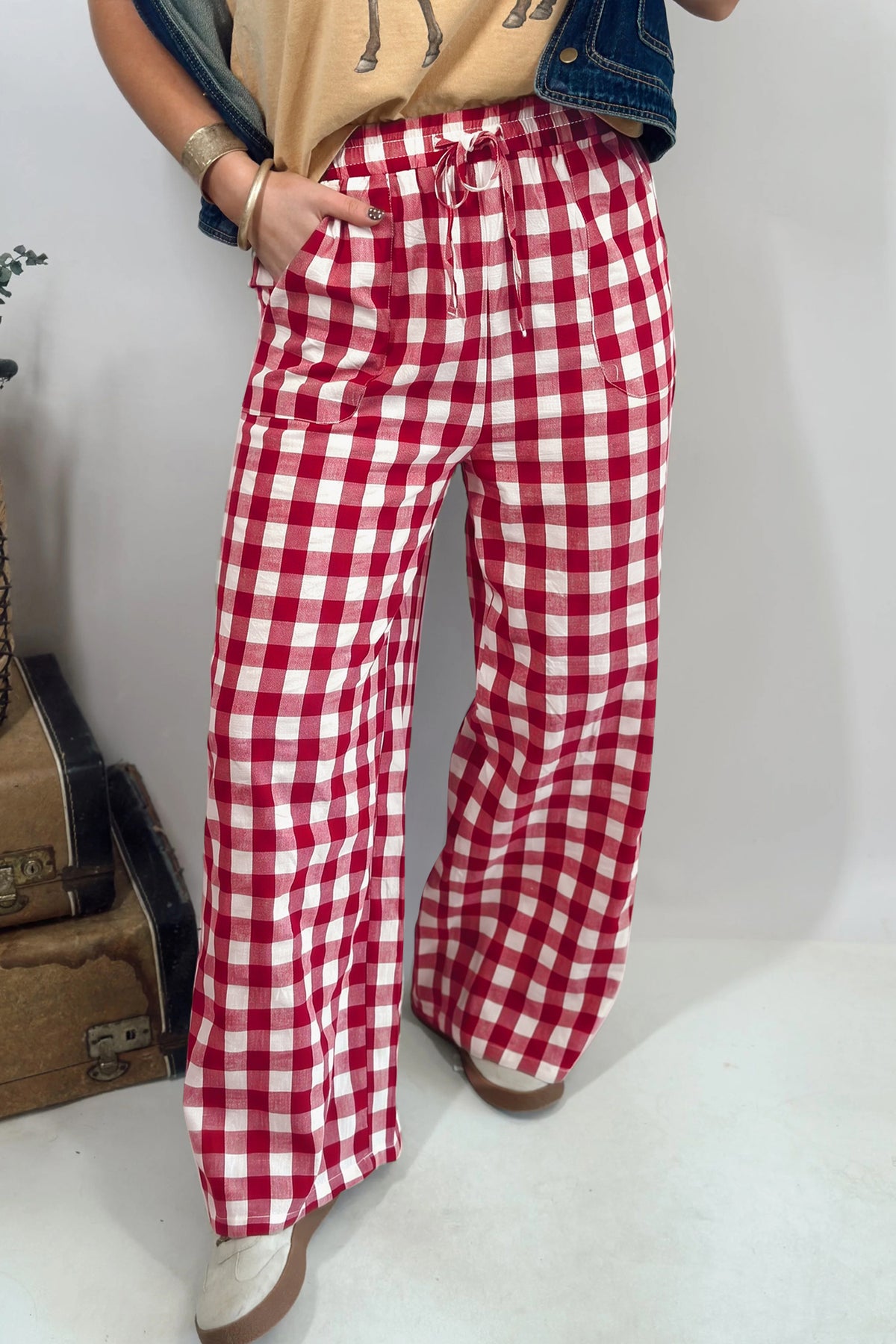 Brown Gingham Plaid Tie Elastic Waist Shift Pants