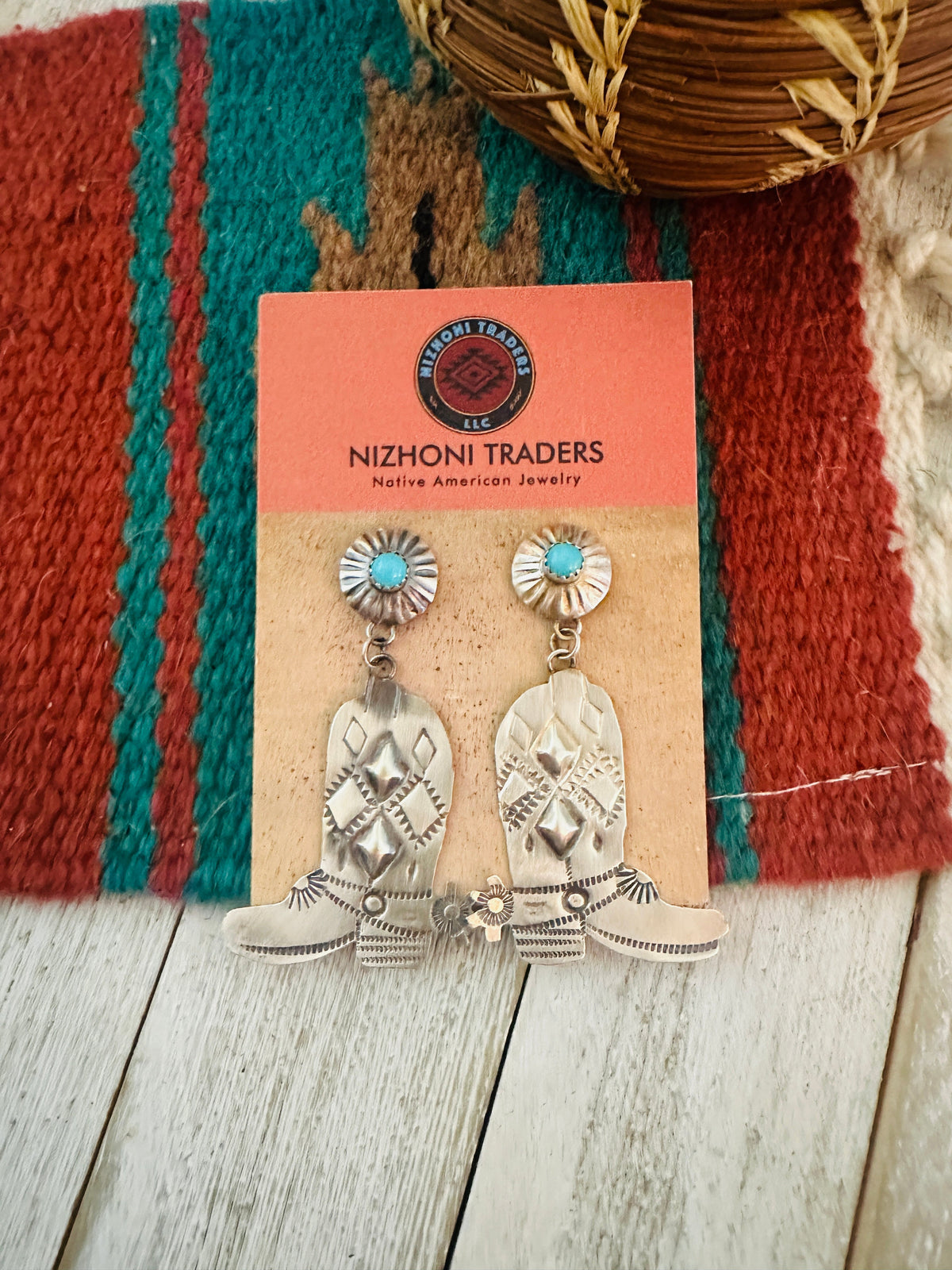 Handcrafted Turquoise & Sterling Silver Cowboy Boot Dangle Earrings By Tim Yazzie