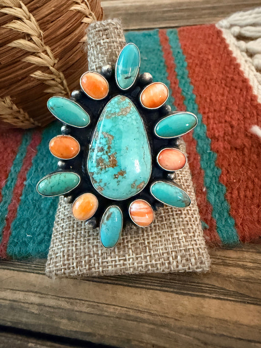 Handcrafted Spiny Oyster, Turquoise & Sterling Silver Cluster Ring by Sheila Becenti Size 12
