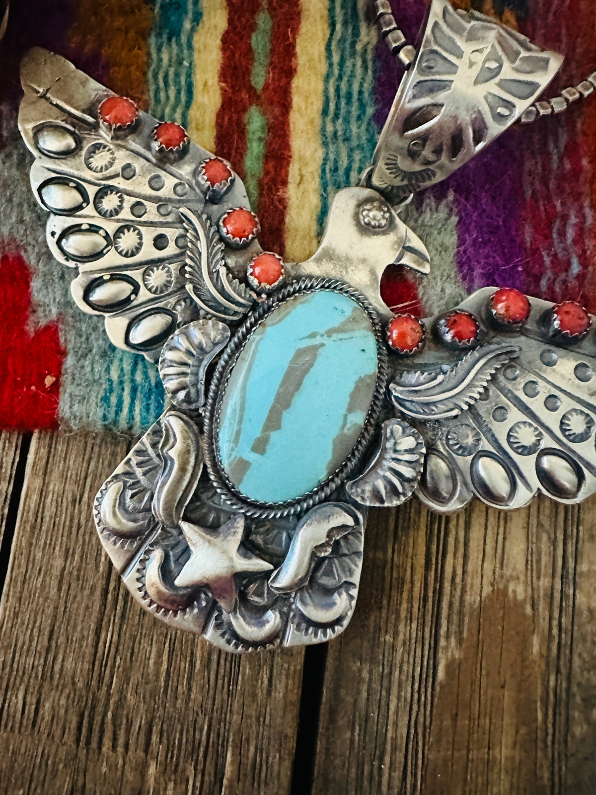 Handcrafted Turquoise, Coral & Sterling Silver Thunderbird Pendant by Richard Yazzie