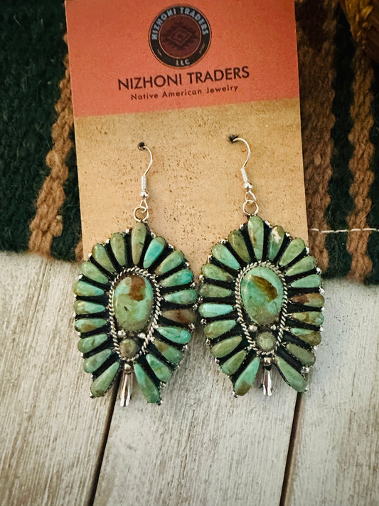 Handcrafted Royston Turquoise & Sterling Silver Cluster Blossom Dangle Earrings
