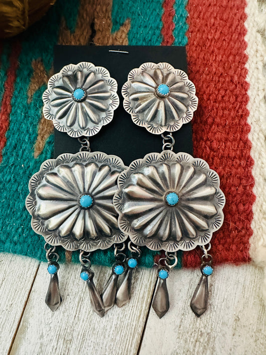 Handcrafted Sterling Silver & Turquoise Concho Dangle Earrings