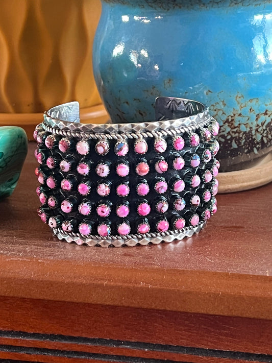 Handcrafted Sterling Silver and Pink Dream Mohave Snake Eye Style Five Row Cuff Bracelet, Signed BJ /