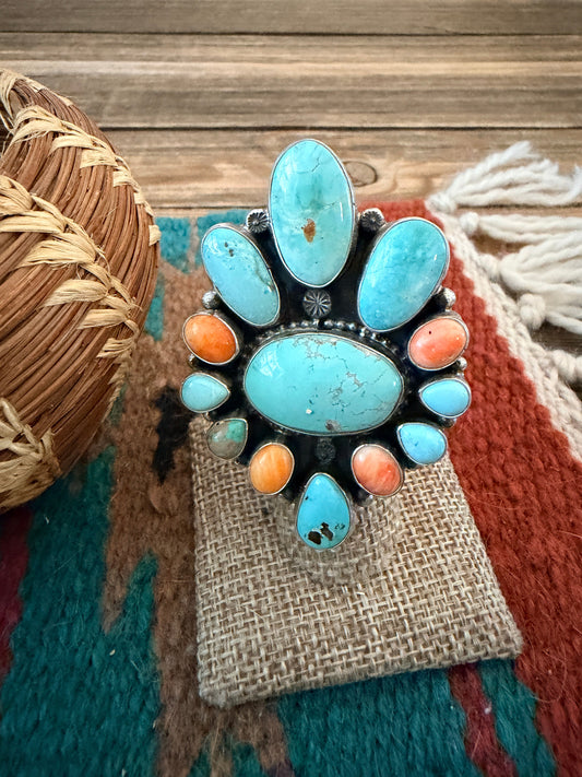 Handcrafted Spiny Oyster, Turquoise & Sterling Silver Cluster Ring by Sheila Becenti Size 6.5