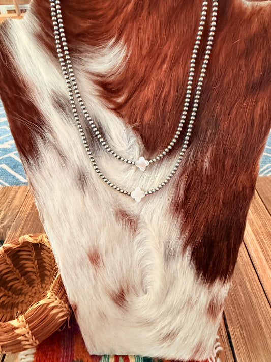 Handcrafted Mother of Pearl and Sterling Silver Pearl Quatrefoil Beaded Necklace