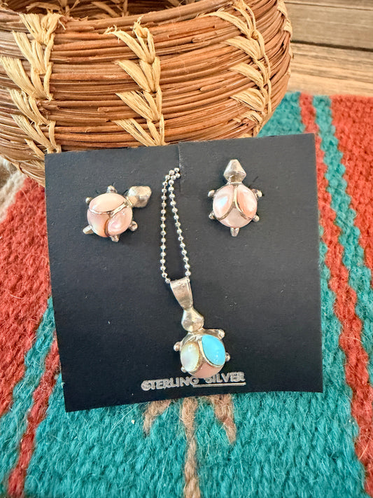 Handcrafted Old Pawn Mother of Pearl & Sterling Silver Turtle Necklace and Earring Set