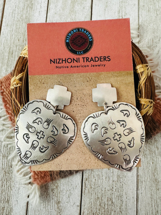 Handcrafted and Hand Stamped Sterling Silver Concho Heart Dangle Earrings