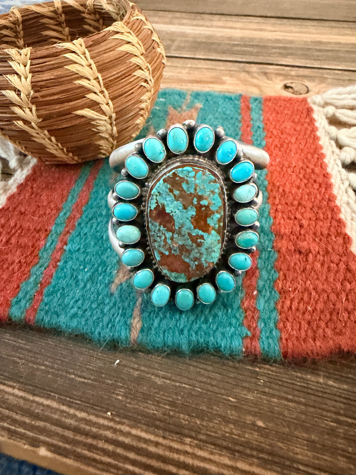 Handcrafted Royston Turquoise & Sterling Silver Cluster Cuff Bracelet by Bobby Johnson