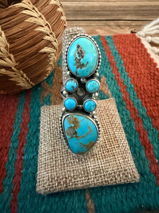 Handcrafted Kingman Turquoise & Sterling Silver Cluster Ring Size 8 by Sheila Becenti