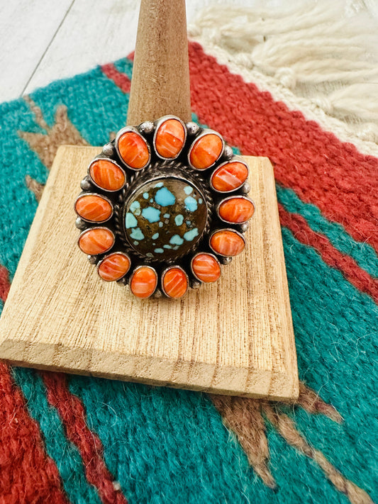 Handcrafted Sterling Silver, Orange Spiny & Turquoise Cluster Adjustable Ring