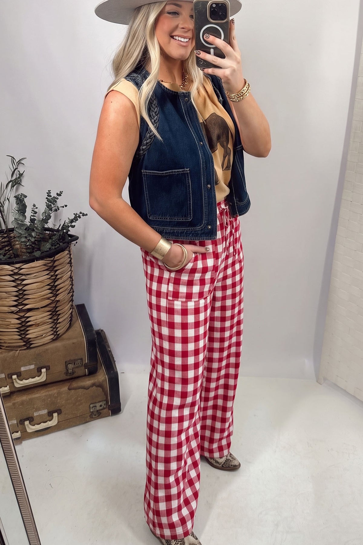 Brown Gingham Plaid Tie Elastic Waist Shift Pants