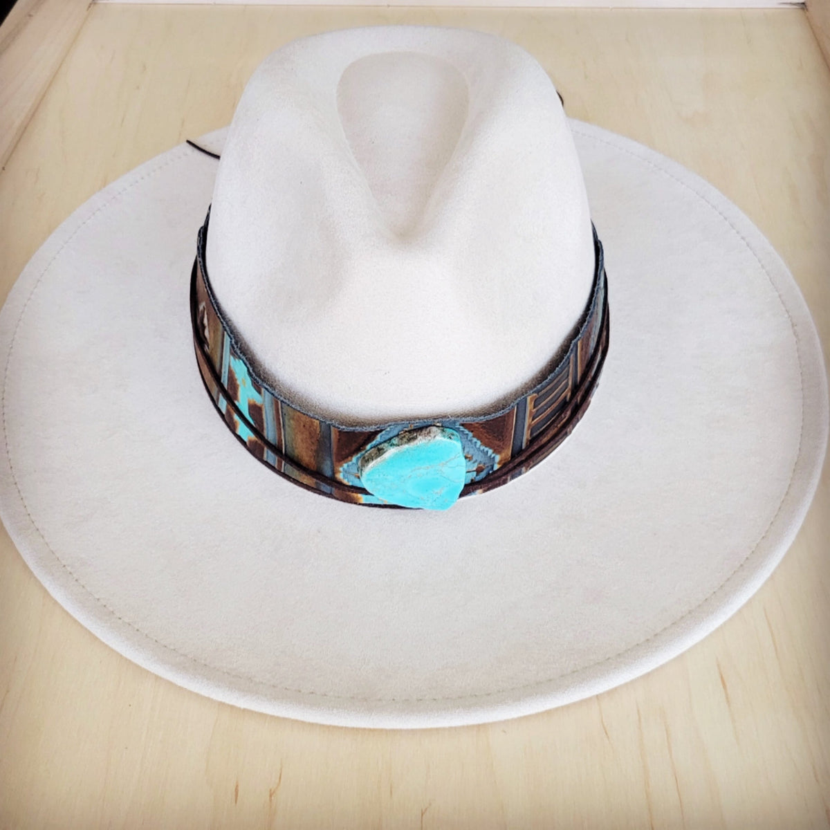 **Wide Genuine Leather Blue Navajo Hat Band w/ Turq 953j