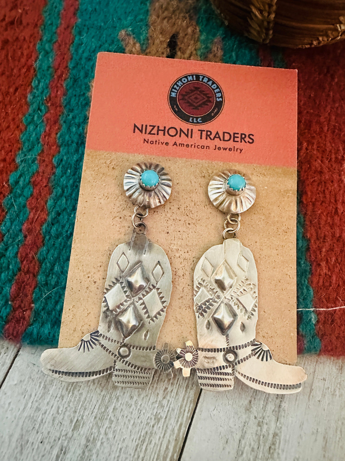 Handcrafted Turquoise & Sterling Silver Cowboy Boot Dangle Earrings By Tim Yazzie