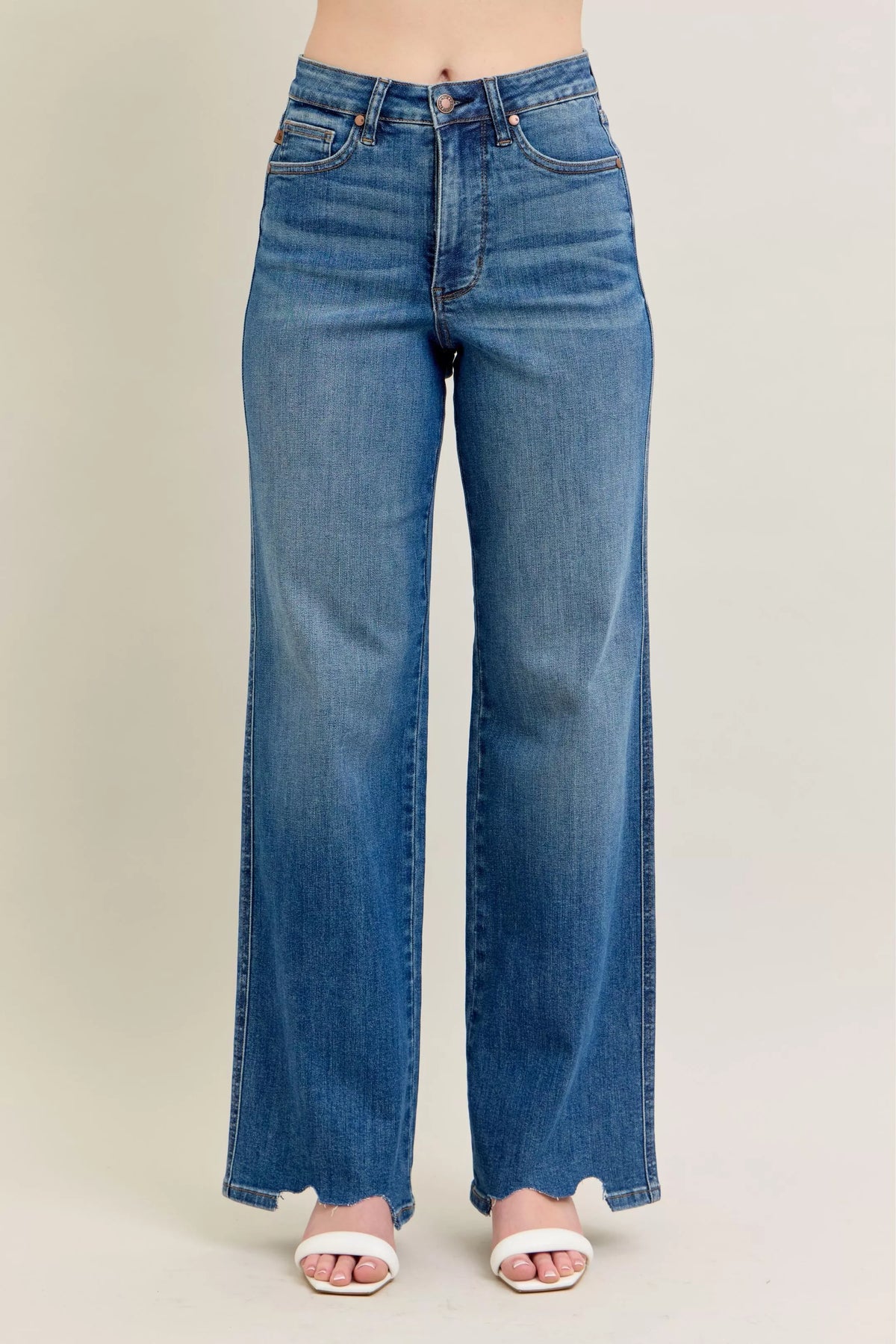 Judy Blue Full Size High Waist Tummy Control Chew Hem Destroyed Wide Jeans Plus Size