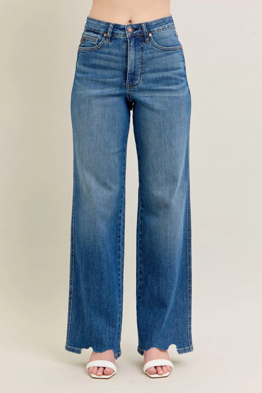 Judy Blue Full Size High Waist Tummy Control Chew Hem Destroyed Wide Jeans Plus Size