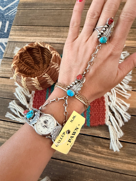 Handcrafted Old Pawn Turquoise, Coral & Sterling Silver Watch Cuff with Hand Chain