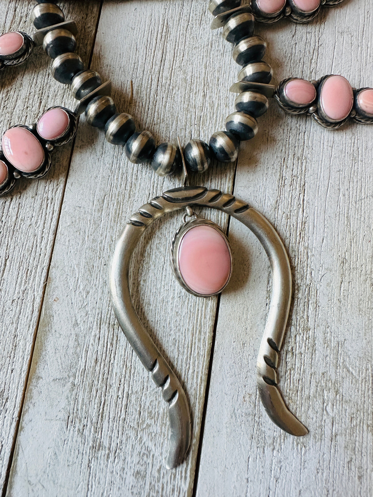 Handcrafted Sterling Silver & Queen Pink Conch Squash Blossom Necklace Set
