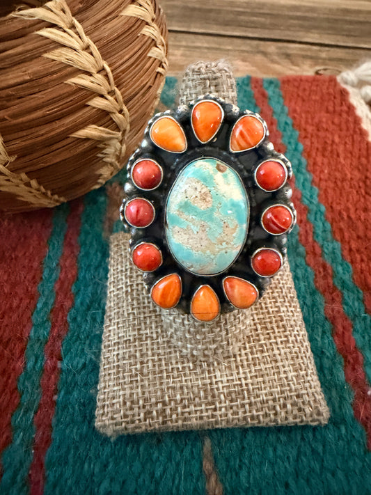 Handcrafted Spiny Oyster, Turquoise & Sterling Silver Cluster Ring by Sheila Becenti Size 7