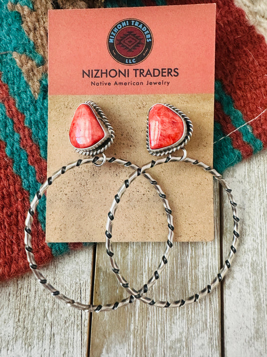 Handcrafted Orange Spiny and Sterling Silver Dangle Hoop Earrings