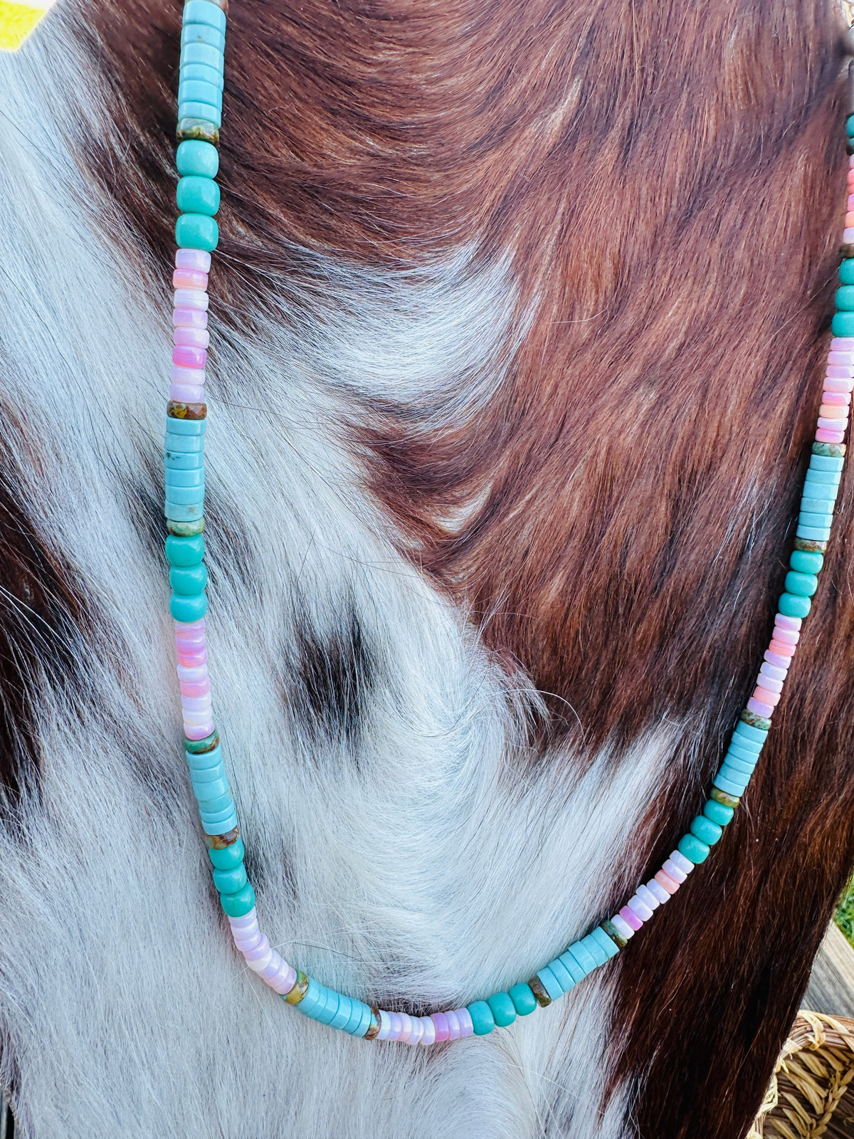 Handcrafted Queen Pink Conch, Turquoise & Sterling Silver 18” Beaded Necklace