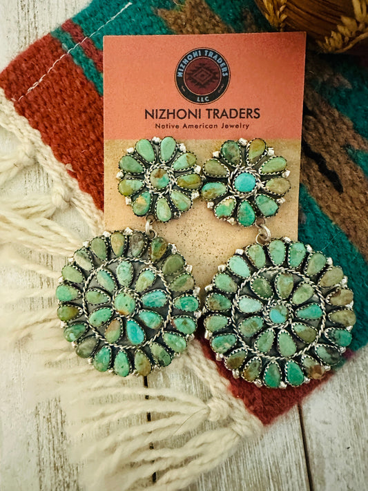 Handcrafted Royston Turquoise & Sterling Silver Cluster Dangle Earrings