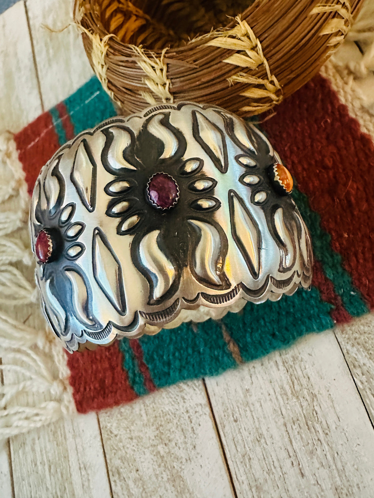 Handcrafted Sterling Silver, Spiny & Turquoise Bangle Bracelet by Leander Tahe