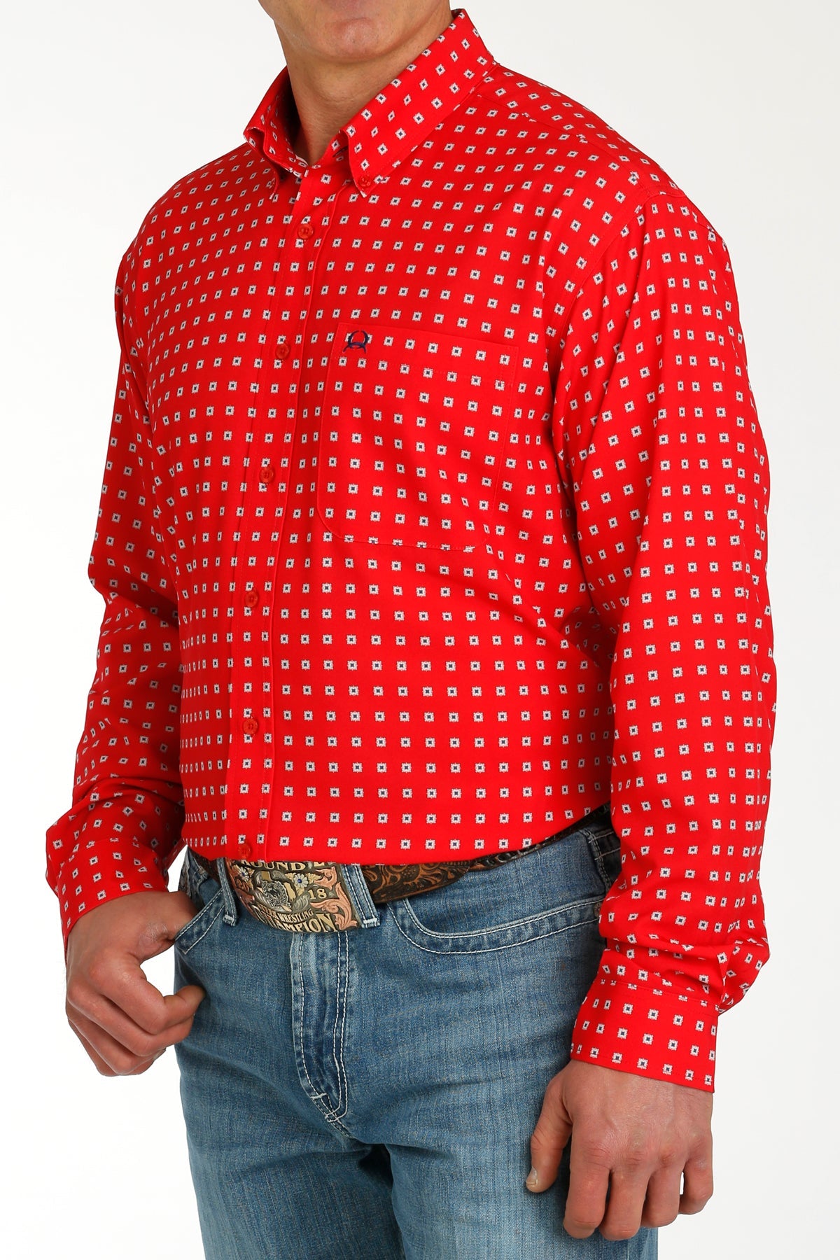 Men’s Cinch LS Red Patterned Shirt (2028)