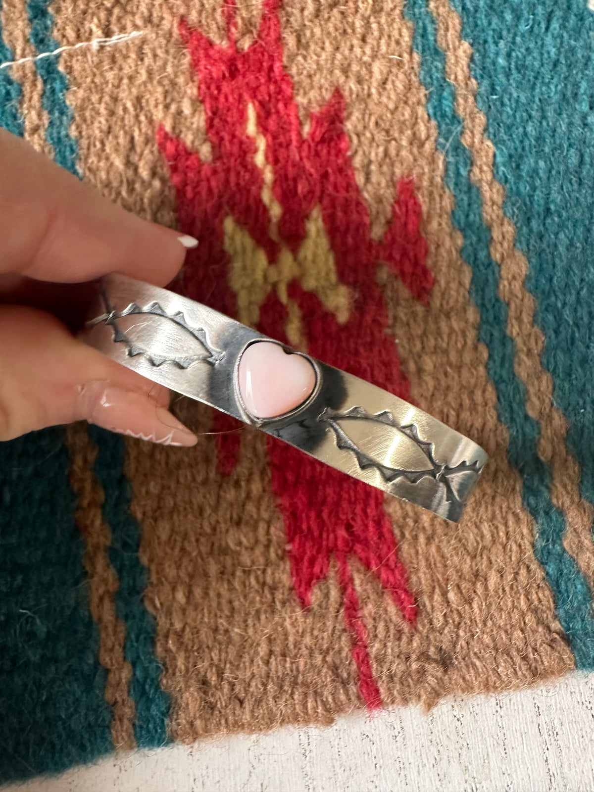 Handcrafted Sterling Silver & Queen Pink Conch Heart Cuff Bracelet