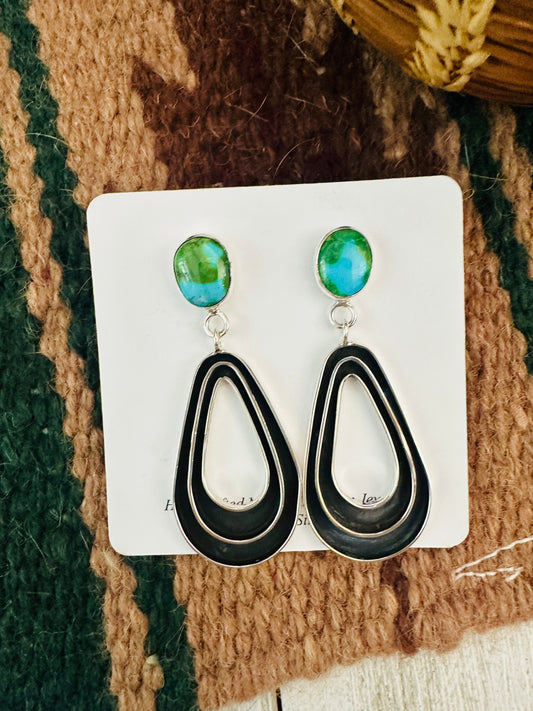 Handcrafted Sonoran Gold Turquoise & Sterling Silver Dangle Earrings Signed