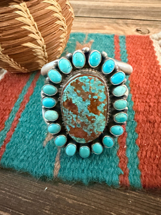 Handcrafted Royston Turquoise & Sterling Silver Cluster Cuff Bracelet by Bobby Johnson