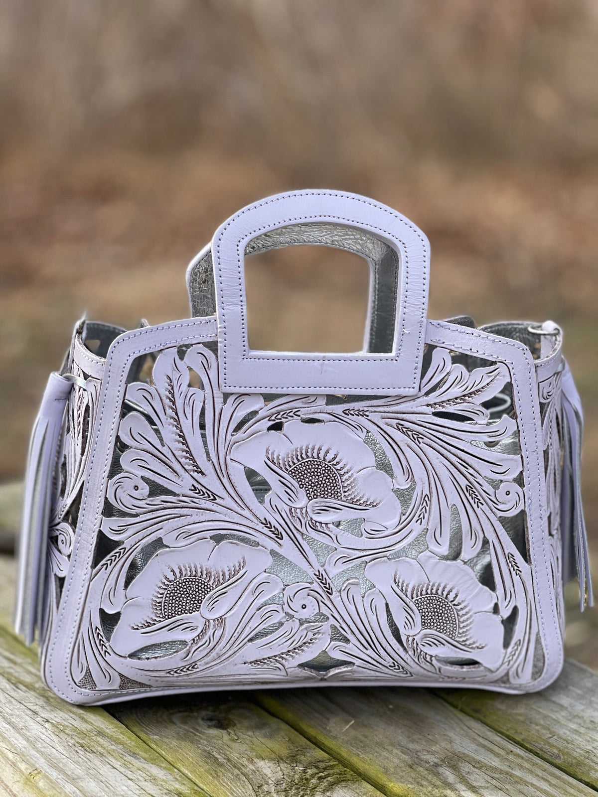 Hand tooled Cut-Out Tooling Leather Small Tote "NOTA FLORAL" by ALLE