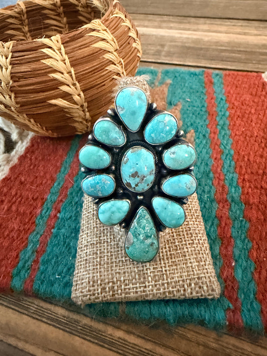 Handcrafted Kingman Turquoise & Sterling Silver Cluster Ring Size 8.25 by Sheila Becenti