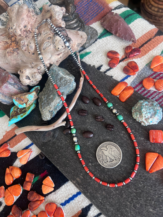 Bohemian Bliss Beaded Layering Necklace with Sterling Silver, Mediterranean Coral and Sonoran Gold Turquoise, 20” + 1-1/2”