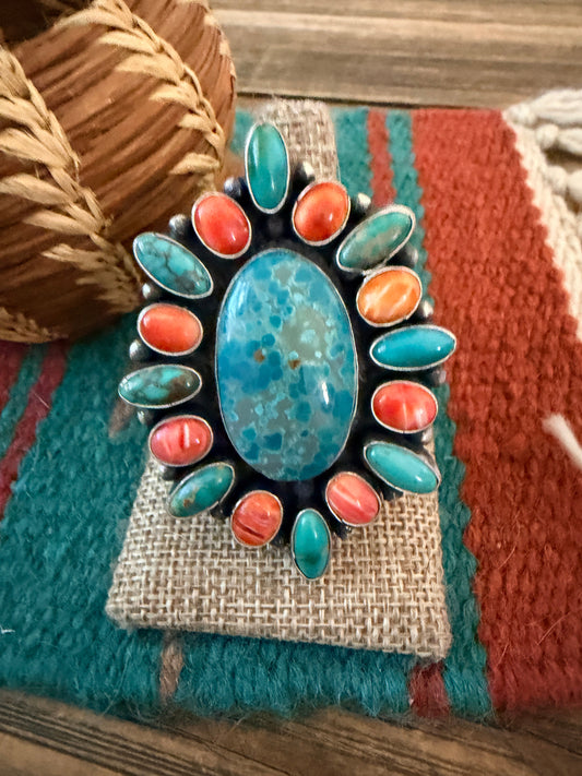Handcrafted Spiny Oyster, Turquoise & Sterling Silver Cluster Ring by Sheila Becenti Size 11