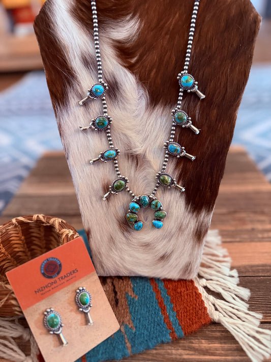 Handcrafted Sonoran Mountain Turquoise & Sterling Silver Squash Blossom Necklace and Earring Set