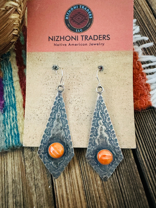 Handcrafted Orange Spiny & Sterling Silver Dangle Earrings