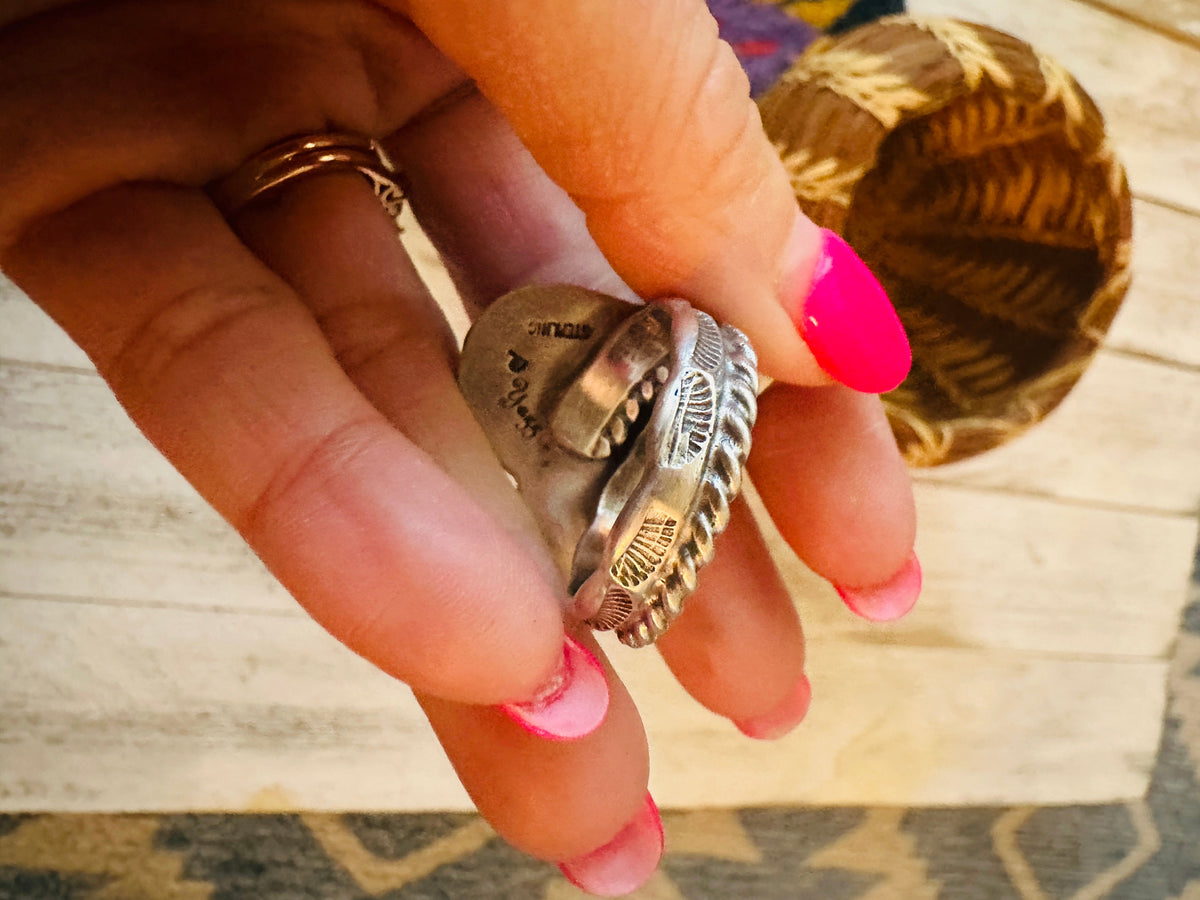 Handcrafted Royston Turquoise & Sterling Silver Bullhead Adjustable Ring by P. Yazzie