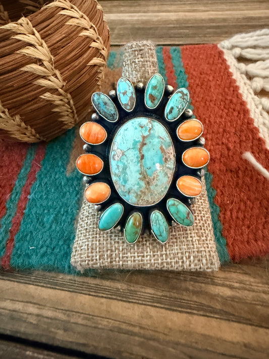 Handcrafted Spiny Oyster, Turquoise & Sterling Silver Cluster Ring by Sheila Becenti Size 11.5