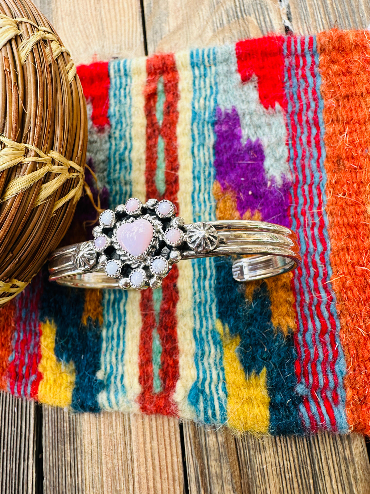 Handcrafted Queen Pink Conch & Sterling Silver Heart Cuff Bracelet