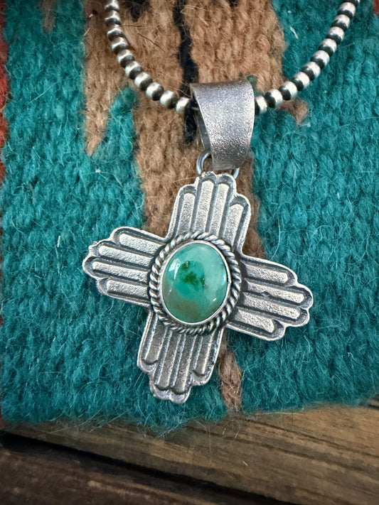 Handcrafted Sterling Silver & Sonoran Mountain Turquoise Zia Cross Pendant by Kevin Billah