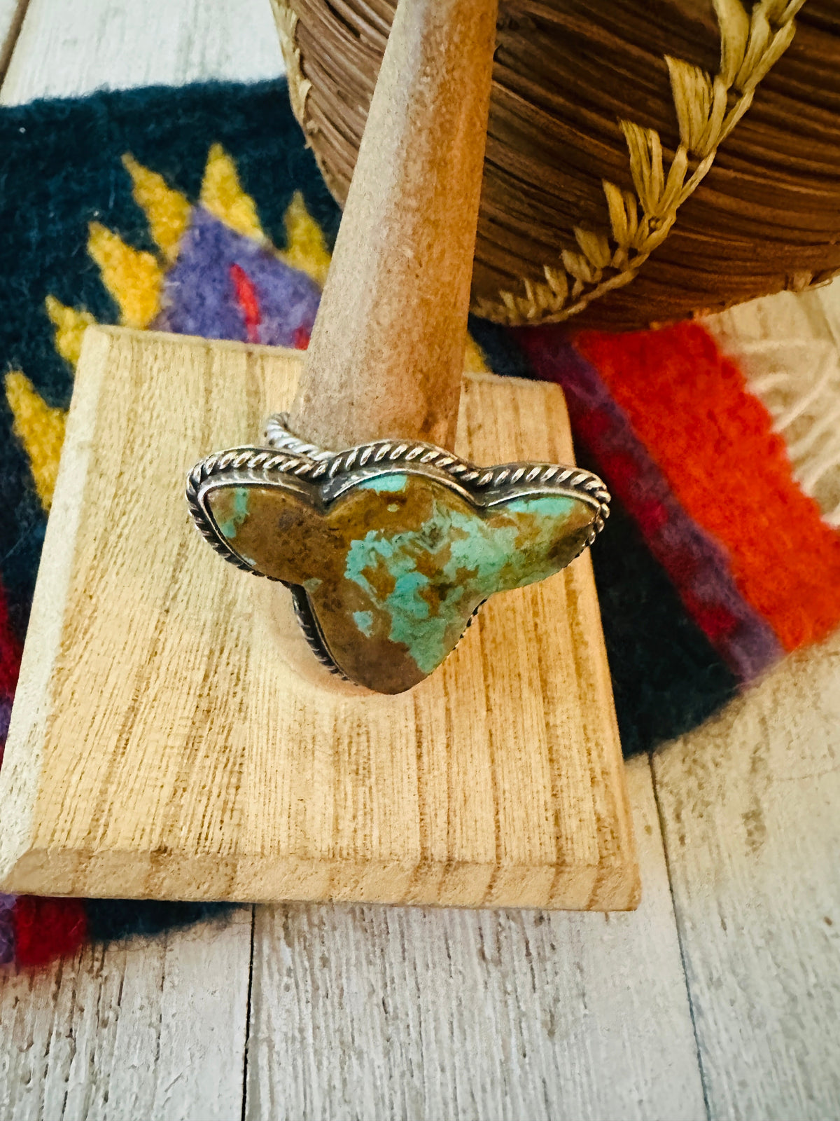 Handcrafted Royston Turquoise & Sterling Silver Bullhead Adjustable Ring by P. Yazzie