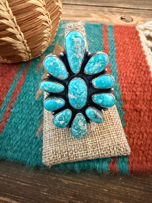 Handcrafted Kingman Turquoise & Sterling Silver Cluster Ring Size 8 by Sheila Becenti