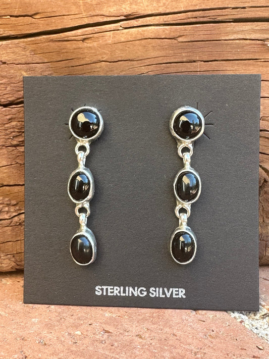Handcrafted Made Black Onyx & Sterling Silver 3 Stone Dangle Earrings