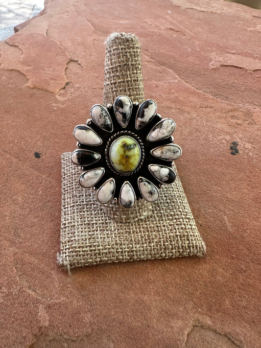 Beautiful Handmade White Buffalo, Palomino Turquoise And Sterling Silver Adjustable Ring