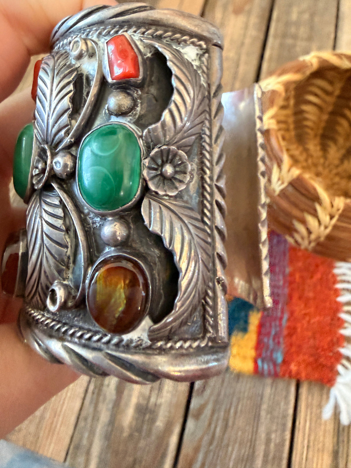 Handcrafted Old Pawn Sterling Silver & Multi Stone Cuff Bracelet