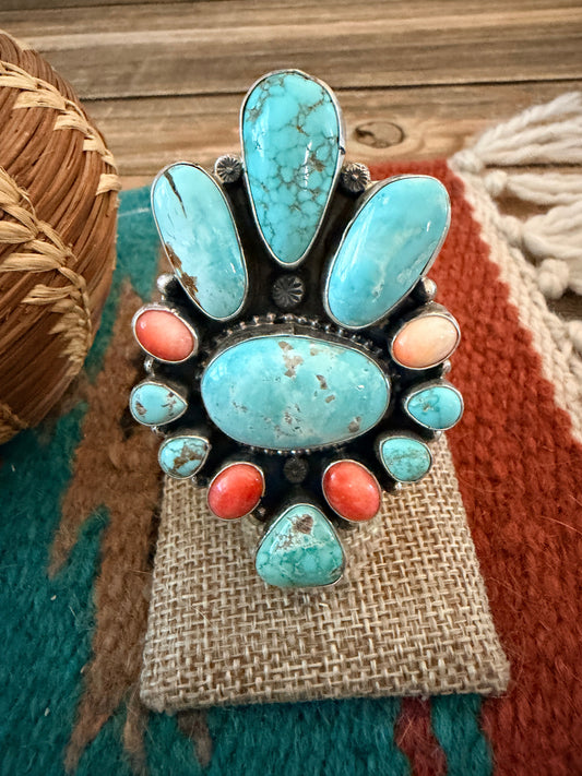 Handcrafted Spiny Oyster, Turquoise & Sterling Silver Cluster Ring by Sheila Becenti Size 7