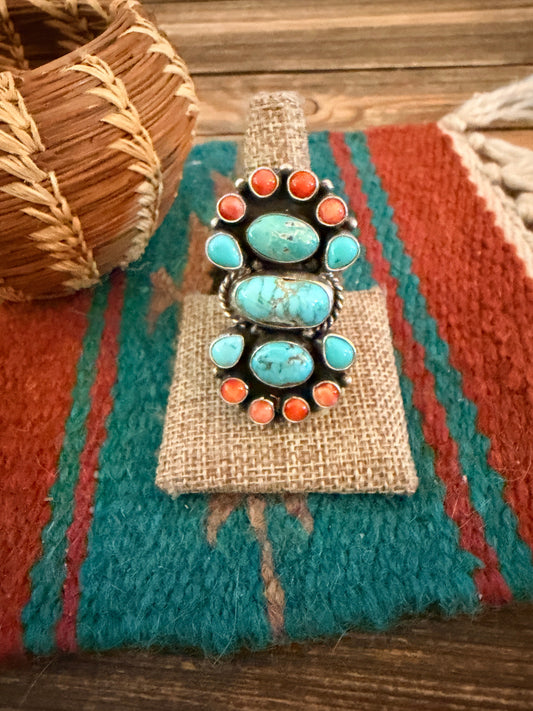Handcrafted Spiny Oyster, Turquoise & Sterling Silver Cluster Ring by Sheila Becenti Size 9.5