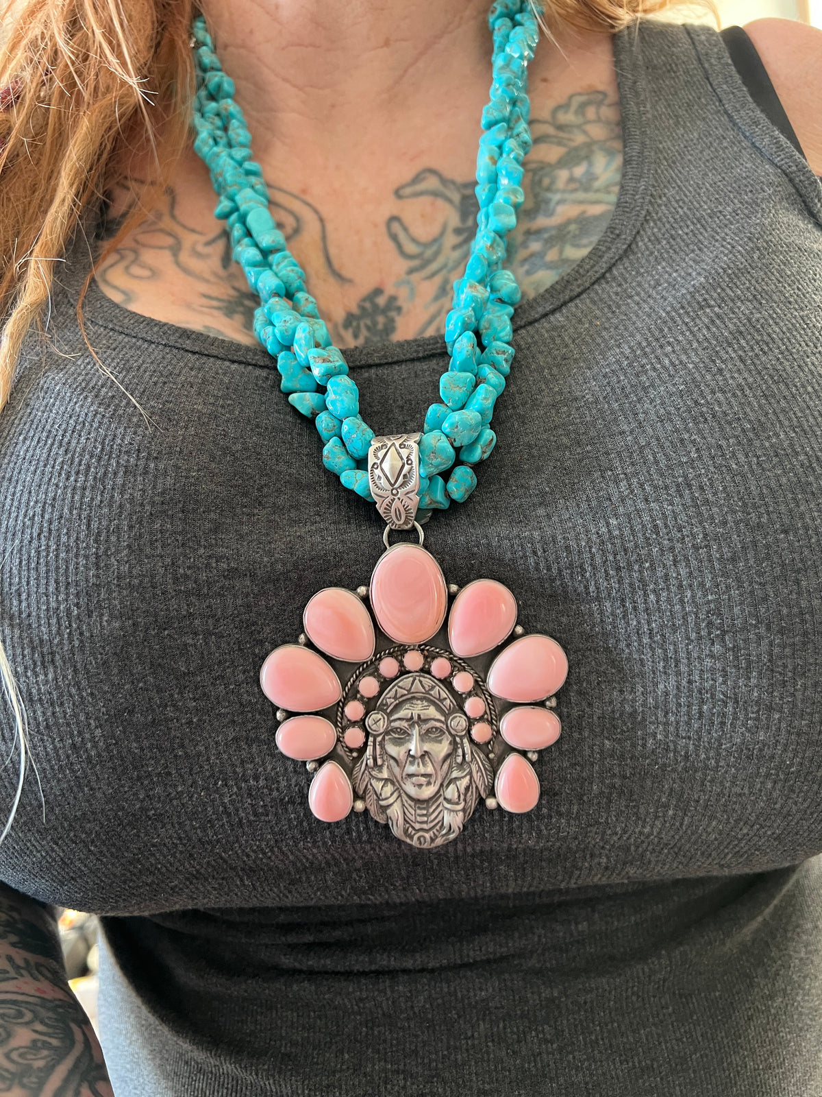 Handcrafted Sterling Silver Pink Conch Chief and Triple Strand Turquoise Nugget Bead Necklace by Patrick Yazzie